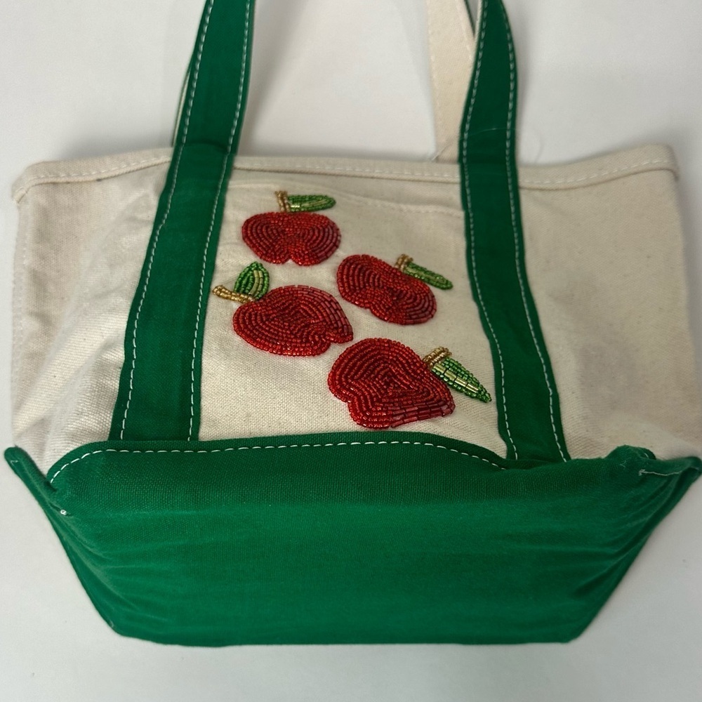 Anthropologie Canvas Tote Apple Beaded Green - Picture 4 of 5